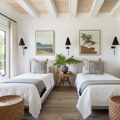 two twin beds in a bedroom with white walls and wood flooring next to windows