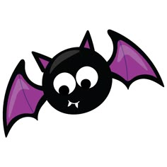 a cartoon bat with big eyes and purple wings flying through the air, it's mouth