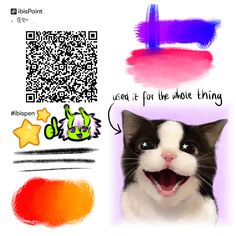 a cat with its mouth open next to an image of a qr - code