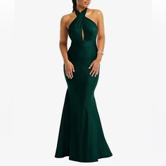 Cynthia & Sahar Ximena Style Cs112 Luxe Stretch Satin Evergreen Xl Ximena Turn Heads In This Alluring Floor-Length Mermaid Gown, Complete With An Open Back And Crisscross Halter Neckline That Creates A Peekaboo Cutout. Designed From A Luxe Stretch Satin Fabric, This Stunning Dress Extends Into A Mermaid Skirt With A Subtle Train, Enhancing An Hourglass Silhouette. Center Back Zip 82% Nylon 18% Spandex Fully Lined Hand-Wash Only Imported New With Tags Msrp: $289 Size Xl Approximate Measurements F Fitted Dark Green Evening Dress For Gala, Dark Green Evening Dress For Gala, Dark Green Gala Evening Dress, Fitted Dark Green Evening Dress, Green Long Dress With Fitted Bodice, Floor-length Dark Green Prom Dress, Dark Green Fitted Evening Dress, Dark Green Floor-length Prom Dress, Fitted Dark Green Gown For Gala