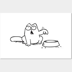 a black and white drawing of a cat eating out of a bowl with its paw on the ground