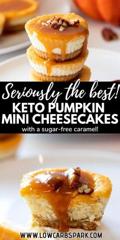 two pieces of keto pumpkin mini cheesecakes stacked on top of each other