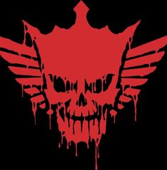 a red skull with wings and blood dripping down it's face in front of a black background