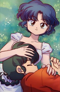 an anime character holding onto another person's head in front of grass and flowers