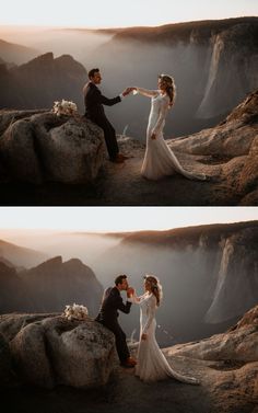 two pictures of a bride and groom holding hands at the top of a mountain with fog in the background