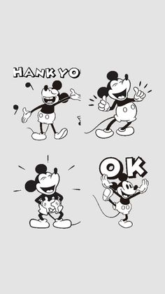 mickey mouse stickers are shown in black and white, with the words thank you on them