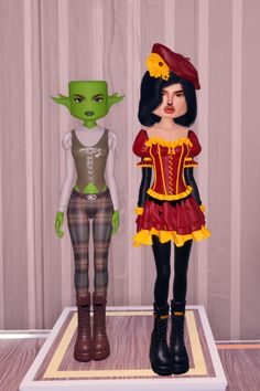 two dolls are standing next to each other