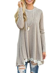 PRICES MAY VARY. Long Sleeve Tunic Blouses Is Made Of 65% Cotton + 35% Polyester,Soft & Breathable,Can Wearing On All Seasons Especially Fall And Winter Fashion & Chic Long Blouses For Leggings,Casual Long Sleeve Tops,Loose Dressy Tunic Blouse,Cute Swing Loose T-Shirt Dress For Women,Ladies,Juniors And Teen Girls Lace Spling Hem On Front,A Line Midi Dresses Above The Knee Length,Basic Long Sleeve Flare Tunic Tops,Loose Fit Comfy Shirt,Plus Size Tunic Tops For Women,Long Tops To Wear With Legging Hoodies For Teens, Chic Winter Style, Beauty Tunics, Long Tank Top, Tunics With Leggings, Top With Lace Trim, Lace Tunic Tops, Casual Tunics, Shirts For Leggings