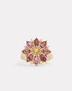 18K Yellow Gold Floral Ring with Pink Tourmaline, Citrine, and Diamonds, .12 TCWOrnament is 3/4 Inch Long x 5/8 Inch Wide Style# YRFMPTCTW Gold Floral Ring, Luxury Tourmaline Wedding Gemstones, Luxury Tourmaline Gemstones For Wedding, Pink Tourmaline Ring, Gem Ring, Citrine Ring, Morganite Ring, Tourmaline Ring, Pretty Rings