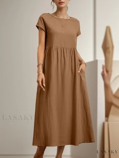 Lasaky - Sleeveless Loose Cotton Linen Dress with Solid Color and Convenient Pocket Design Linen Loose Dress, Loose Summer Dress, Solid Midi Dress, Solid Maxi Dress, Maxi Sundress, Cotton Linen Dresses, Dress Sleeve Styles, Solid Color Dress, Maxi Robes