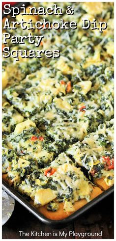 spinach and artichoke dip party squares on a baking sheet with text overlay