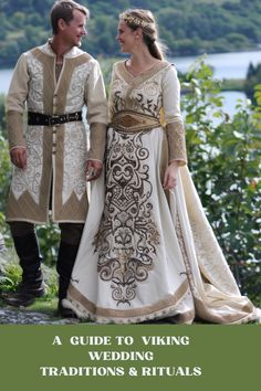 a man and woman dressed in medieval clothing standing next to each other with the words guide to viking wedding traditions & rituals