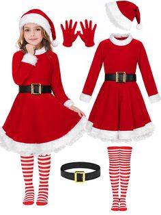 PRICES MAY VARY. Package includes: you will receive a Christmas dress outfit, including 1 puffy red suede Santa dress, 1 red Santa hat, 1 pair of red gloves, 1 black belt, and 1 pair of red and white striped over-the-knee socks; this whole girls Christmas red velvet dress costume set helps create a cute and eye-catching Christmas look Quality material: our dress, hat, and gloves are made of thick and textured square velvet, with 90% polyester and 10% spandex; the white plush material is high-qua Christmas Dress Outfit, Trio Halloween Costumes, Santa Dress, Santa Suit, Over Knee Socks, Santa Costume, Red Gloves, Santa Suits, Red Velvet Dress