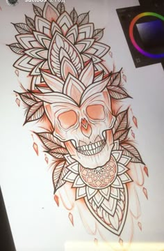 a drawing of a skull with flowers on it's head and leaves around its neck