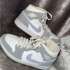 Wmns Air Jordan 1 Mid 'Wolf Grey Aluminum' Worn But In Very Good Condition Nike Shoes Woman, White Air Jordan 1, Air Jordan 1 Women, Wmns Air Jordan 1, Nike Shoes Women, Air Jordan 1 Mid, Jordan 1 Mid, Air Jordan 1, Jordan 1