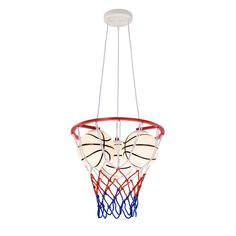 a basketball hoop with three balls in it and two lights hanging from the ceiling above