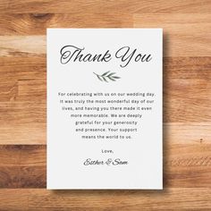 a thank card with the words,'thank you for celebrating with us on our wedding day it was truly the most wonderful stay