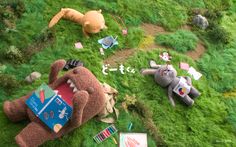 there are many stuffed animals laying on the grass