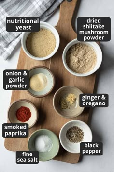 the ingredients needed to make this recipe are displayed on a cutting board, including spices and seasonings