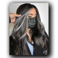 Black Silver Hair Color, Black Hair With Gray Balayage, Dark And Light Balayage Hair, One Grey Streak In Hair, Silver Streaks In Dark Hair Going Gray, Long Dark Brown Hair With Silver Highlights, Front Gray Hair Highlights, Hair Color Ideas For Black Hair Going Grey, Dark Hair With Grey Highlights Silver