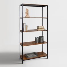 three tiered shelving unit with bookshelf and metal canisters on each shelf