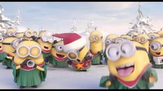 a group of cartoon characters dressed in green outfits with santa hats and eyeglasses