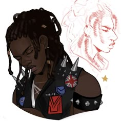 a drawing of a woman with dreadlocks and piercings on her shoulder, looking at the camera