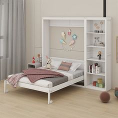 a bedroom with a bed, bookshelf and stuffed animals on the wall next to it