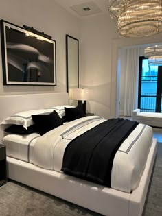 white and black bedroom that is staged Matte Black And White Bedroom, White Bed Frame Black Comforter, Black And White Bedroom Ideas Modern Luxury, Glam Minimalist Bedroom, White And Black Bedroom Aesthetic, Luxury Bedroom Design Classy Black, Black And White Bedroom Ideas Luxury, Black And White Bedroom Aesthetic, Staged Bedroom