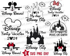 mickey mouse and other disney characters with their names in black and white, including the castle