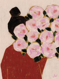 a painting of a woman holding a bouquet of flowers