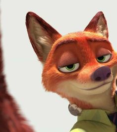 an animated fox with green eyes is looking at the camera