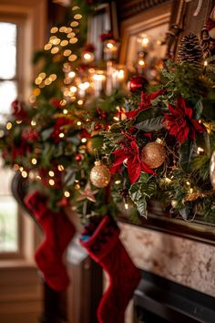 christmas wreath with red and gold ornaments hanging from the mantle