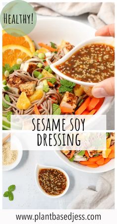 someone holding a spoon over a bowl of sesame soy dressing with vegetables and carrots