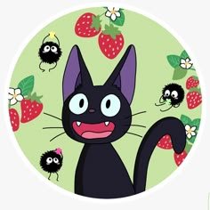 a black cat surrounded by strawberries and ladybugs on a light green background