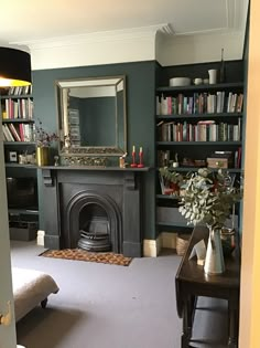 a living room filled with furniture and a fire place in front of a book shelf