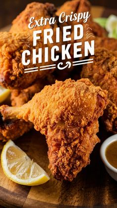 fried chicken on a cutting board with lemons and sauce