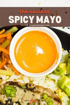 orange sriracha mayo in a white dipping bowl.