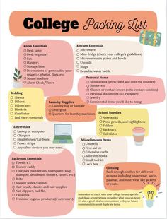 the college packing list is shown in pink and orange with words on it, including items for