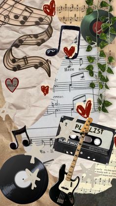 an image of musical instruments and music sheet collaged on top of each other