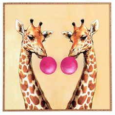 two giraffes are holding pink balls in their mouths while standing next to each other