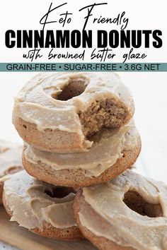 cinnamon donuts with browned butter glaze are stacked on top of each other