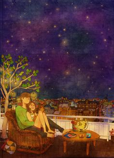 a painting of two people sitting on a balcony watching the stars in the night sky