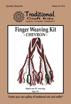 the finger weaving kit is shown in red, white and black with fringes on it