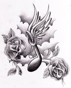 a drawing of a rose with a musical note in the middle and an angel on top