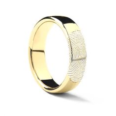 a gold ring with a fingerprint on the front and side, against a white background