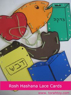 an assortment of different colored cards with the words rosh hashana lace cards