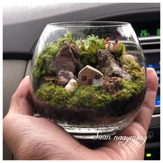 a hand holding a glass filled with moss and rocks in it's centerpiece