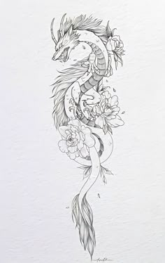 a drawing of a dragon with flowers on it