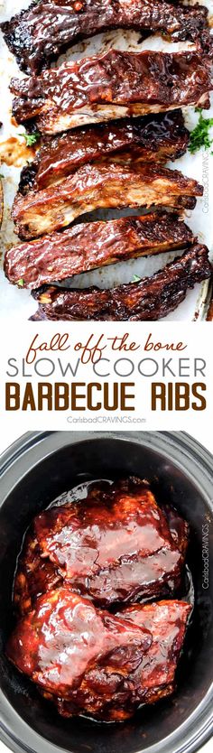 slow cooker barbecue ribs in the crock pot with bbq sauce on top